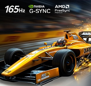 LG OLED evo AI G6 para una experiencia de juego inmejorable en 4K 165Hz muestra un juego de carreras de alta velocidad con un coche de ruedas abiertas amarillo en movimiento, con los logotipos de NVIDIA G-SYNC y AMD FreeSync Premium visibles en la parte superior de la pantalla.